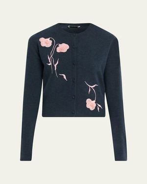 Erdem Flower Embroidered Cashmere-Wool Crewneck Cardigan - Blue