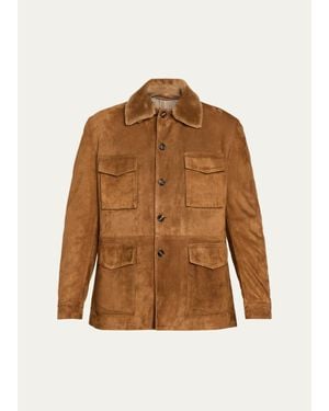 Cesare Attolini Faux-Fur Collar Suede Jacket - Brown
