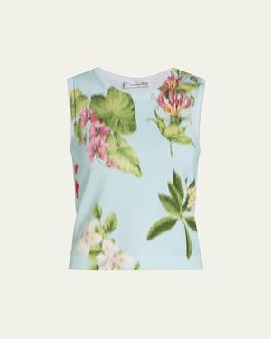 Oscar de la Renta Floral-Print Cotton Knit Sleeveless Top - Blue