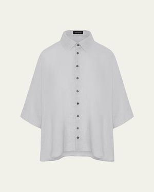 Eskandar Sloped Shoulder Wide A-Line Short Sleeve Shirt With Collar - White