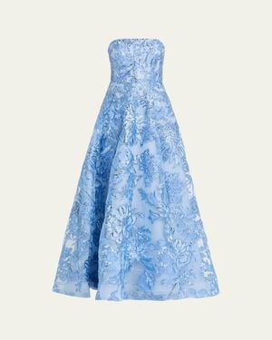 Naeem Khan Strapless Metallic Raffia Embroidered Gown - Blue