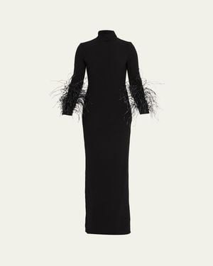 16Arlington Arios Long-Sleeve Feather-Trim Gown - Black