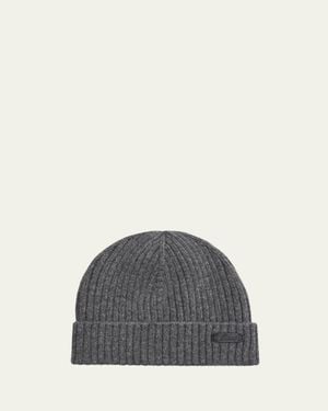 Brioni Cashmere Rib Leather-Label Beanie Hat - Gray