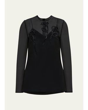 Carolina Herrera Embellished Semi-Sheer Long Sleeve Top - Black