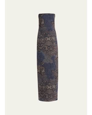 Giorgio Armani Strapless Tile-Print Silk Gown - Blue