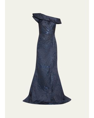 Teri Jon One-Shoulder Metallic Jacquard Trumpet Gown - Blue
