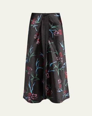 Giorgio Armani Floral Printed Maxi Silk Skirt With Pleated Center Panel - Black
