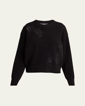 Versace Sequined Barocco Leaf Embroidered Wool Sweater - Black