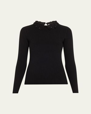 Carolina Herrera Removable Lace Collar Long-Sleeve Rib Sweater - Black