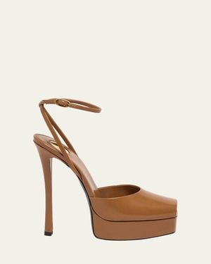 Saint Laurent La Scandale Leather Peep-Toe Platform Sandals - Natural