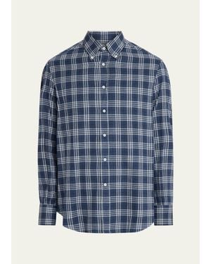 Brunello Cucinelli Cotton-Lyocell Plaid Button-Down Shirt - Blue