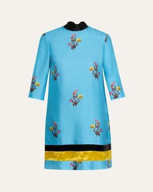 Marni Floral Twill Mock-Neck 3/4-Sleeve Dress - Blue