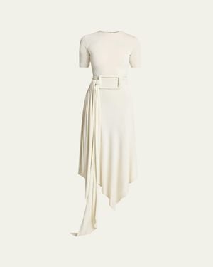 Alaïa Asymmetric Fluid Jersey Belted Midi Dress - Natural