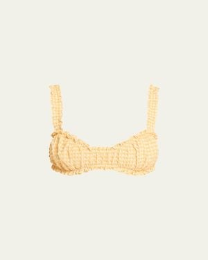 Jonathan Simkhai Evander Ruched Gingham Seersucker Bikini Top - Natural