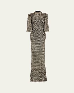 Jenny Packham Sedona 3/4-Sleeve Rhinestone Gown - Natural