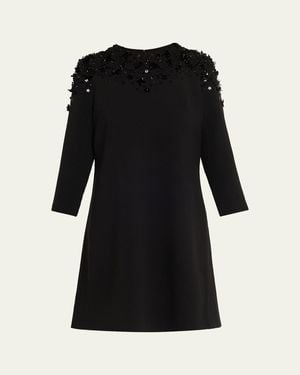 Teri Jon A-Line Floral Applique Crepe Dress - Black