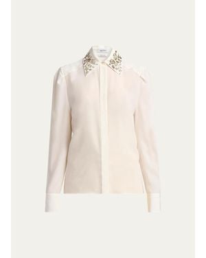 McQueen Embellished Collar Silk Button-Down Shirt - Natural