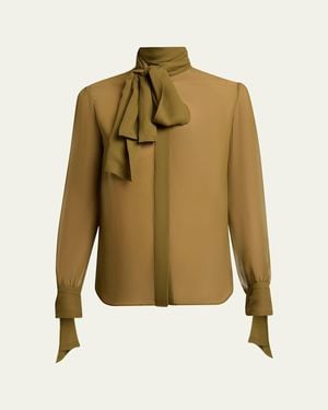 Saint Laurent Lavalliere Silk Long-Sleeve Blouse - Green