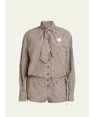 Moncler Vichy Long-Sleeve Romper With Bow - Natural