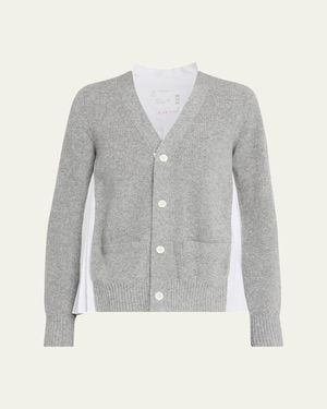Sacai Wool Knit And Cotton Poplin V-Neck Cardigan - Gray