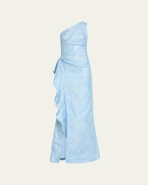 Teri Jon One-Shoulder Jacquard Side-Ruffle Gown - Blue