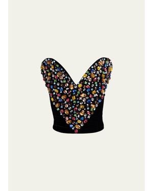 Stella McCartney Strapless Crystal Heart Embroidered Velvet Bustier Top - Black