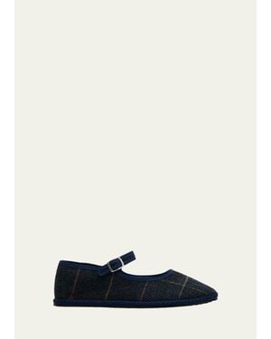 Vibi Venezia Mary Jane Plaid Herringbone Wool-Blend Flats - White