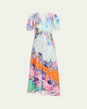 Saloni Lea Floral Silk Jacquard Button-Front Midi Dress - White