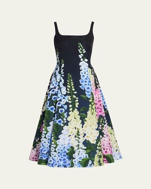Oscar de la Renta Multi Foxglove Degrade Printed Faille Midi Cocktail Dress - Blue