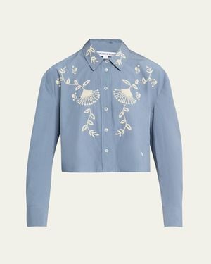 Veronica Beard Aderes Embroidered Cropped Cotton Shirt - Blue