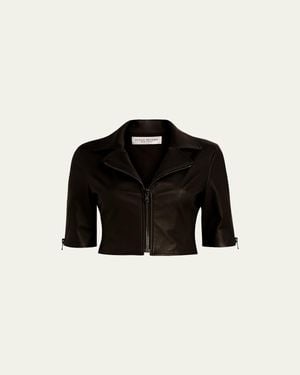 Susan Bender Short-Sleeve Cropped Leather Moto Jacket - Black