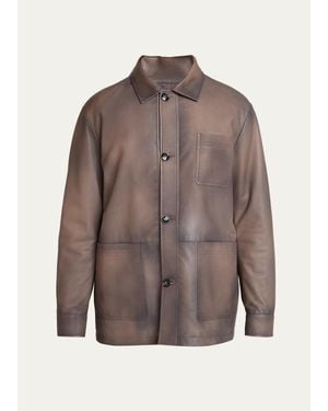 Kiton Burnished Leather Chore Shirt Jacket - Brown