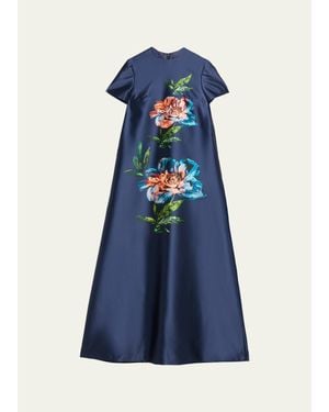 Reem Acra Floral-Print Satin Faille Long Kaftan Gown - Blue