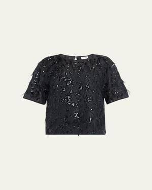 Brunello Cucinelli Animalier Sequined Fringe Silk Short-Sleeve Top - Black