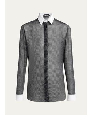 Tom Ford Net-Print Losange Silk Chiffon Button-Down Shirt - Gray
