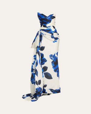 Monique Lhuillier Floral Print Asymmetric Draped Column Gown - Blue