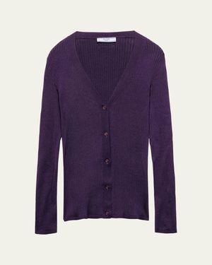Prada Fitted Long-Sleeve Ribbed Cardigan - Purple