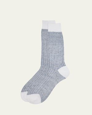 Bresciani Cotton And Linen Birdseye Rib Crew Socks - Blue