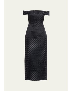 Lela Rose Polka-Dot Jacquard Off-The-Shoulder Midi Dress - Blue