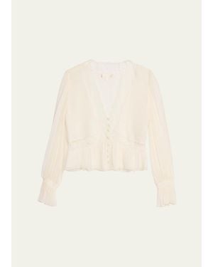 LoveShackFancy Thessira Lace-Trim Chiffon Blouse - Natural