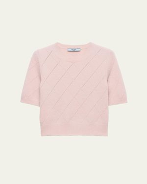 Prada Cashmere Argyle Pointelle Knit Short-Sleeve Sweater - Pink
