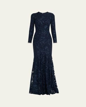 Monique Lhuillier Floral Embroidered Tulle Long Sleeve Gown - Blue