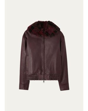 Burberry Latchford Shearling-Collar Leather Jacket - Purple