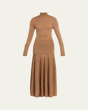 Rabanne Turtleneck Wool-Silk Knit Drop-Waist Maxi Dress - Natural
