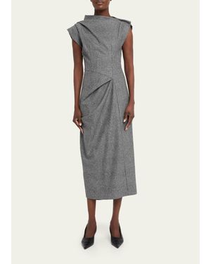 Michael Kors Plaid Wool Draped Midi Dress - Gray
