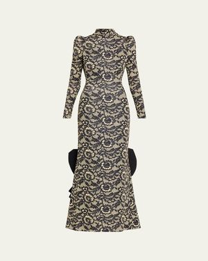 Marc Jacobs Lace-Print Sculptural Long-Sleeve Bow Trumpet Gown - White