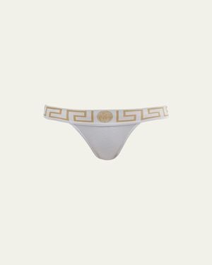 Versace Greca-Border Stretch Cotton Thong - Natural