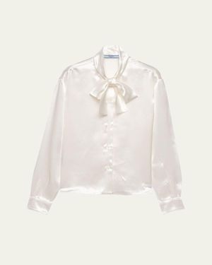 Prada Satin Bow-Neck Button-Down Blouse - Natural