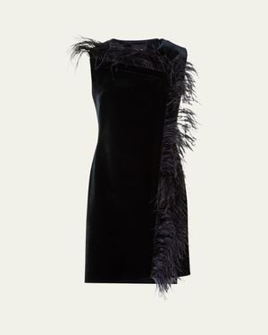 Akris Neoprene Velvet Feather-Trim Asymmetric Mini Dress - Black