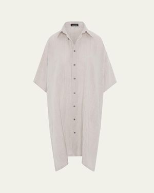 Eskandar Metallic Linen Wide A-Line Short-Sleeve Shirtdress With Collar - White